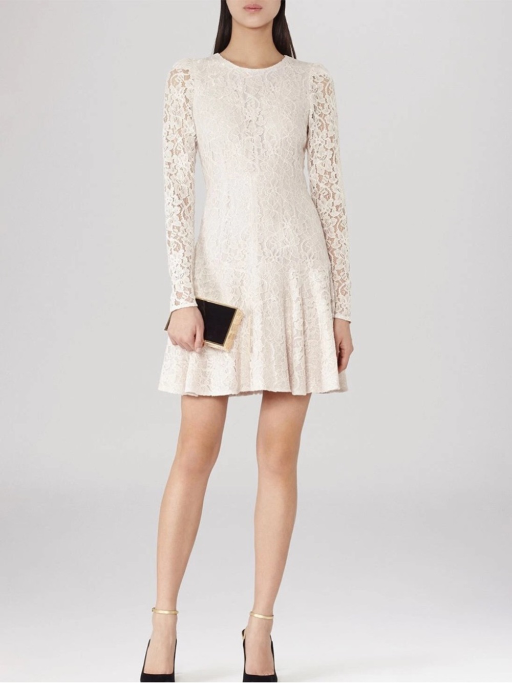 NWT $360 Reiss 1971 Rosalin Lace Frill Skirt Dress Ivory Nude Bridal Formal Sz 4